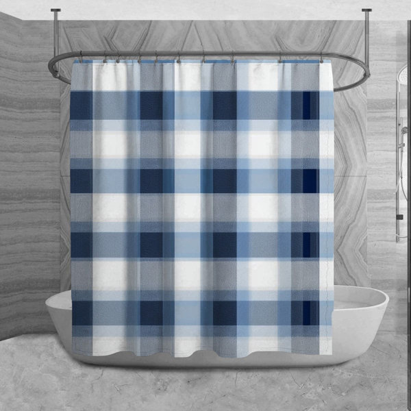 Latitude Run® Checkered Shower Curtain Tartan Bathroom Decor Blue/White